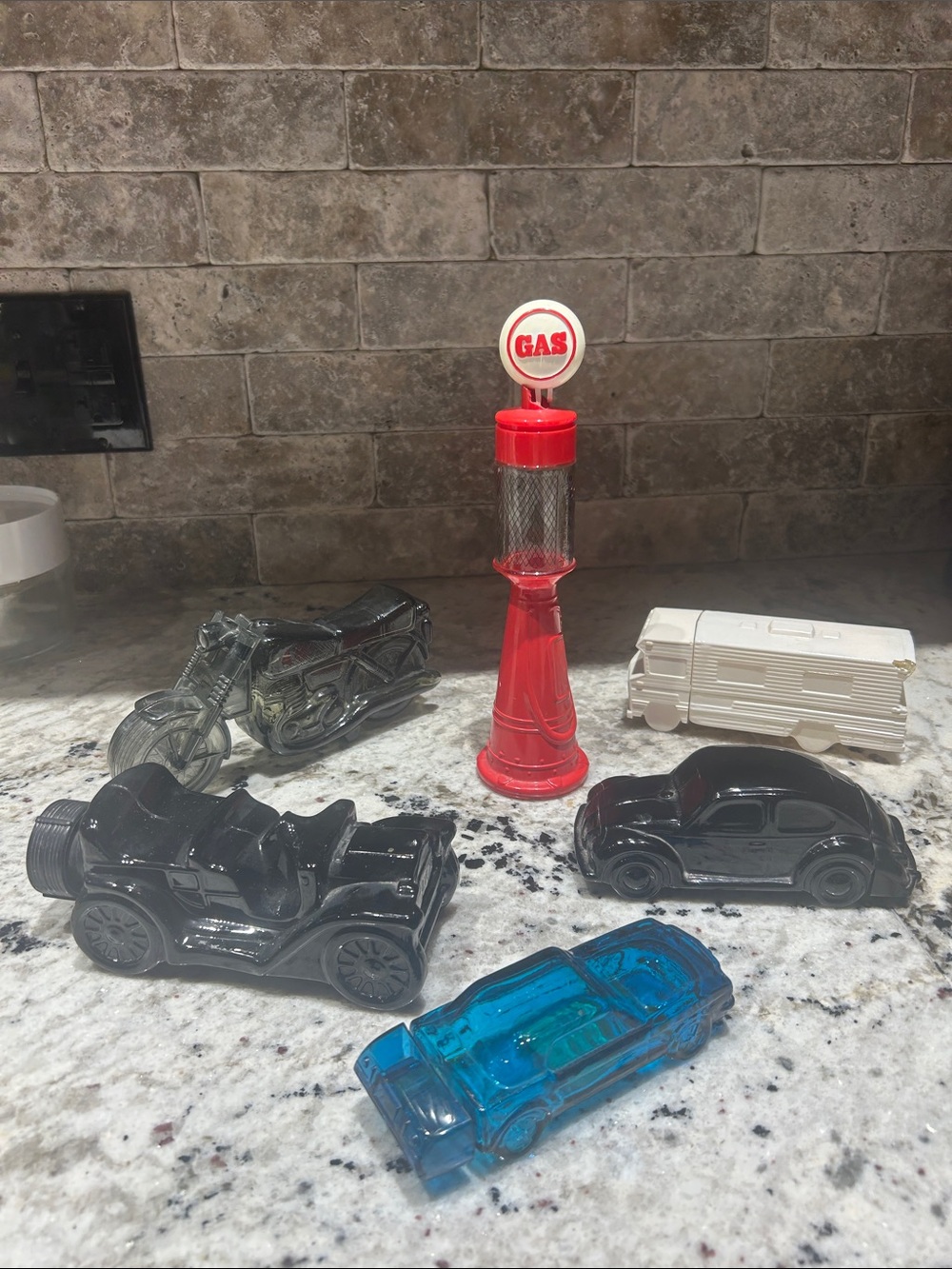 Vintage Avon Vehicle Bottles – 6 Piece Lot – Cars, Motorcycle, Camper & Gas Pump